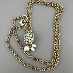 Vintage Rhinestone Faux Pearl Necklace Sputnik Statement Gold Tone 32”