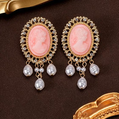 Vintage Cameo Necklace Set Pink Portrait Faux Pearl Gold Tone 3 Piece Jewelry