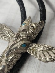 Vintage Bolo Tie Eagle Thunderbird Turquoise Silver Tone Black Enamel Design