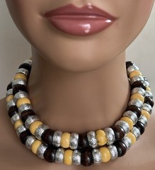 CADORO Buttermilk Bakelite Necklace Chunky Modernist Style Metal Wood Beads 40”