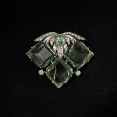 VTG Eisenberg Original Sterling Vermeil Fur Clip Uranium Glass Green Stones