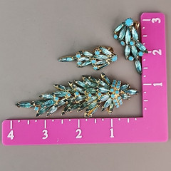 Vintage Rhinestone Brooch Clip Earrings Set Blue Waterfall Articulated Designer