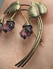 Vtg Sterling Silver Gold Vermeil Purple Rhinestone Flower Brooch & Earrings Set
