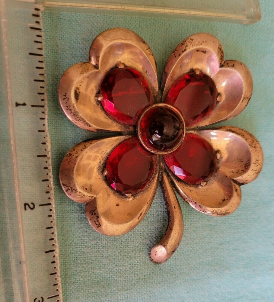 Sterling & Red Stones Four Heart Petals Flower Brooch Pin