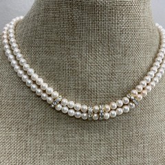 Vintage 80s faux pearl rhinestone double strand necklace in gold tone metal