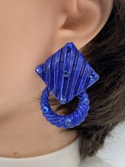Jeff Lieb Signed Blue Rhinestones Clip On Earrings Squares W/ Detachable Circles