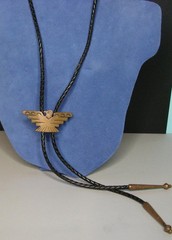 Vintage Southwestern Copper Thunderbird & Braided Leather Bolo Tie