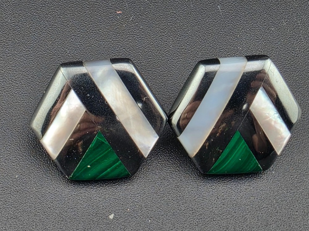 Vintage Hematite Mother of Pearl Malachite Mosaic Hexagon Pierced Earrings