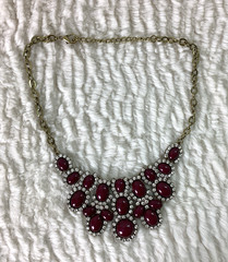 Vintage Burgundy Red Stone Diamonds Statement Necklace Costume Bling Glam Gold