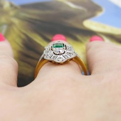 Vintage Style Edwardian Emerald and Lab Created Diamond Ring In 14k Gold Finish