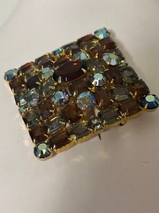 Vintage Large Juliana Style Dark Amber Silver & Grey Glass Open Back Pin Brooch