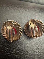 Vintage Bright Red Diamond Cut Plastic Button Clip On Earrings Gold Tone Setting