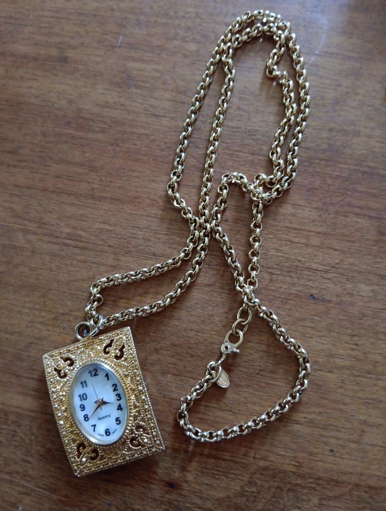 Monet Pendant Gold Tone Watch With Necklace Japan Movement JM19 PC21 Battery 377