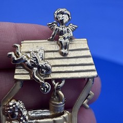 AJC Wishing Well Angel Brooch Pin Vintage Figural Cherubs Gold Tone 2” Love Luck