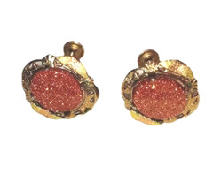 Vintage Screwback Goldtone Copper Glitter Cabochon Earrings Old Estate Jewelry