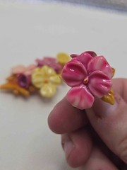 Vintage Celluloid Pansy Flower Brooch and Clip Earrings, 1930s-40s Floral Set.