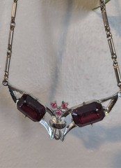 Vintage Art Deco style bow necklace silver tone choker hook red pink gemstones