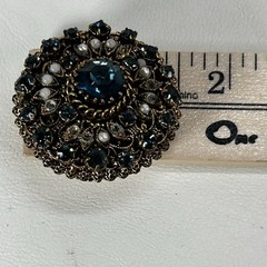 Vtg Dome Shaped Brooch Blue Crystals and Faux Seed Pearls MISSING 7 Faux Pearls