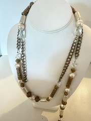 VINTAGE MIRIAM HASKELL LONG NECKLACE 46″ FAUX PEARL CRYSTAL FILGREE BRASS TONE