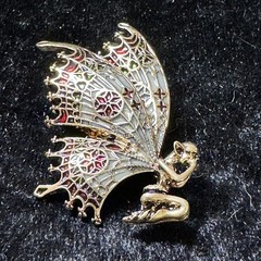 Praying Fairy Brooch Butterfly Wings Red Green White Enamel on Gold Tone Metal