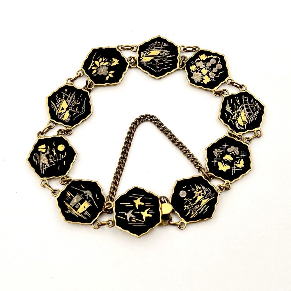 VTG Japanese Damascene 15mm Hexagon Panel Link 7.25″ Bracelet Nature Scenes