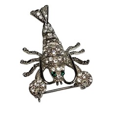 Vtg Mid Century Silver Tone Lobster Brooch Pave Crystals Rhinestones Articulated