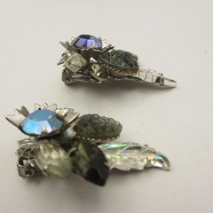 Vintage Judy Lee Earrings Rhinestone Climber Molded Glass AB Silver Tone Clip On