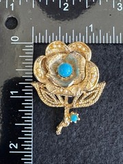 VTG 1960s Gold Tone Rose Flower Brooch Pin Faux Turquoise Cabochon Pearl