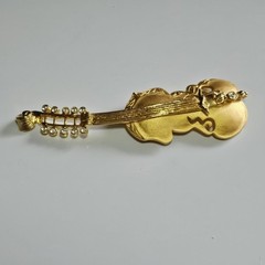 Vintage Tona Brooch Cello Violin Brushed Gold Tone with Rhinestones 3.5″ EUC