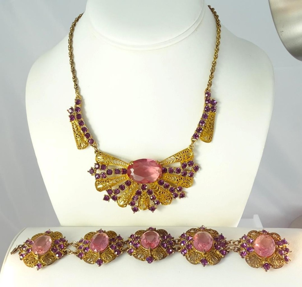 Antique Czech Amethyst Rose Glass Art Nouveau Art Deco GP Necklace Bracelet SET
