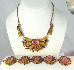 Antique Czech Amethyst Rose Glass Art Nouveau Art Deco GP Necklace Bracelet SET