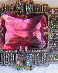 Antique Little Nemo Art Deco Brooch Silvertone Dark Pink Multi Color Rhinestone