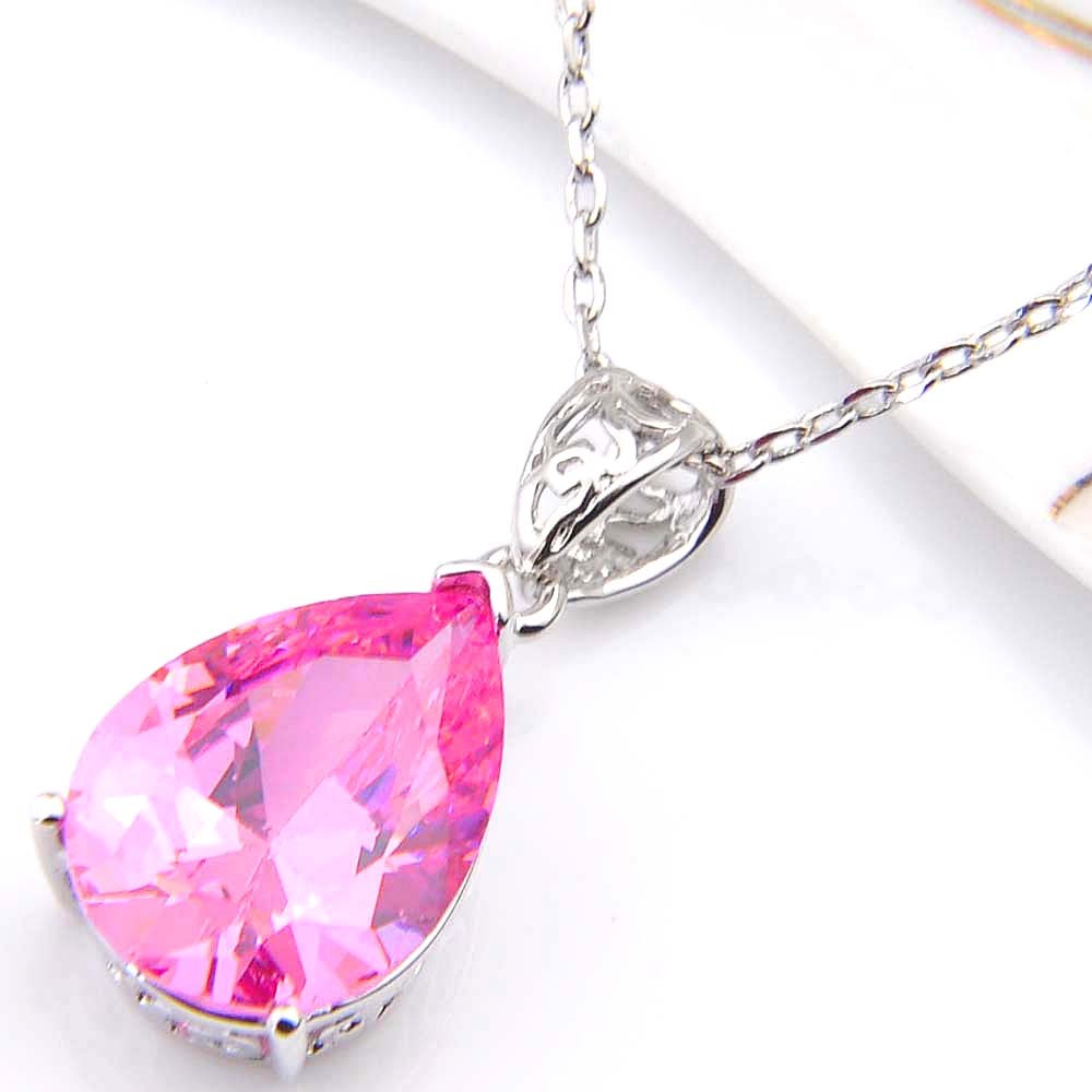 Gorgeous Xmas Gift Teardrop Sweet Pink Topaz Gems Solid Silver Necklace Pendants