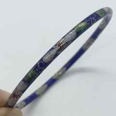 VTG CHINESE EXPORT CLOISONNE COBALT BLUE ENAMEL BANGLE BRACELET PINK FLOWERS