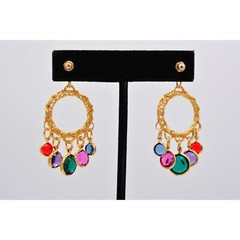 Vintage Crystal Dangle Earrings Lucite Open Bezel Multi-Color Gold NOS BinA16