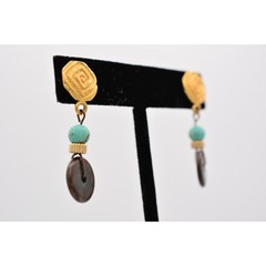 Vintage Dangle Earrings Turquoise Blue Beaded Brushed Gold Matte 1980s BinAZ