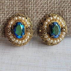 West German Filigree Blue AB Rhinestone Faux Pearl Clip On Earrings READ
