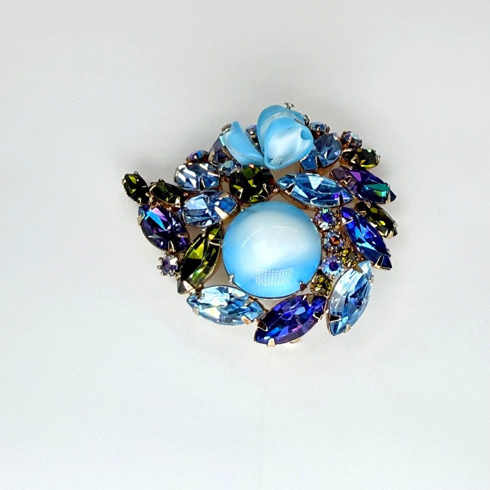Vintage Blue Aurora Borealis Rhinestone Brooch Pin Flowers Blue Stone