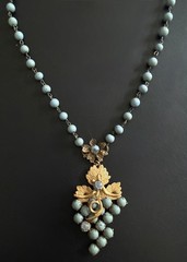 Antique Czech Glass Grape Cluster Necklace Brass Blue Bead Art Deco Neiger Style