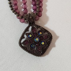 Avon Multi Strand Purple Faceted Glass Bead Necklace Rhinestone Pendant Signed