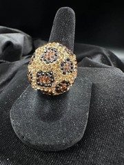 Leopard Print Crystal Dome Ring Gold Tone Pave Statement Cocktail Ring Animal Pr