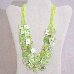 Vintage Multi Strand Mother of Pearl Shell Necklace Green Beaded Chunky