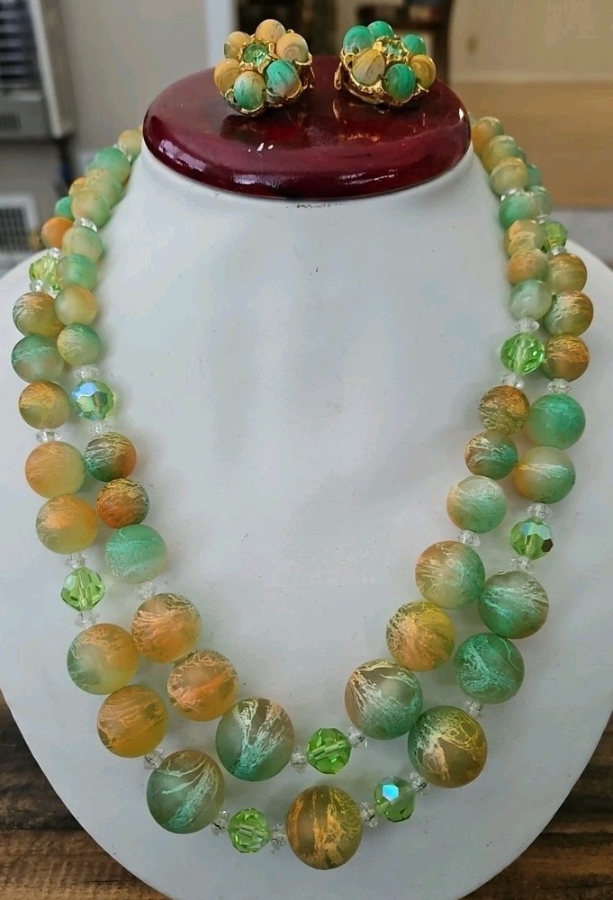 RARE Judy Lee DUCHESSE Peach and Green Mottled Beads/AB Crystals Parure NWT