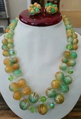 RARE Judy Lee DUCHESSE Peach and Green Mottled Beads/AB Crystals Parure NWT
