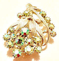 Signed Coro Green AB Rhinestone Floral Brooch 2 1/4″ Silver Tone Pin