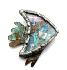 VTG BIG UNUSUAL WELDED FISH Brooch Pin Silver tone blue green shades mauve brown
