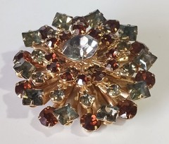 Vintage Gold-tone Layered Brooch w/ Smoky Topaz- & Gray-Green Colored Rhinestone