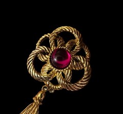 Vintage Rope and Tassel Brooch Pin Red Pink Stone 3.5 Inches Long Gold Tone