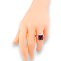 925 Sterling Silver Emerald Cut Almandine Garnet Halo Ring CZ Fancy Gallery Sz 9