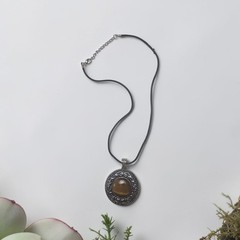 Vintage Boho Tiger Eye Style Pendant Necklace Silver Tone Round Filigree Stateme